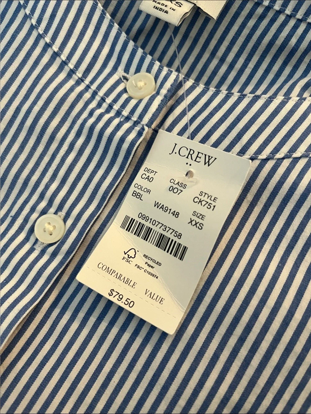 J.Crew Striped Puff-Sleeve Tie-Waist Top Om Baker Blue and White Size XXS NWT